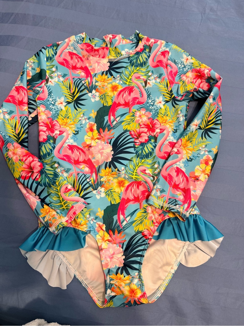 Girls Flamingo Floral Long-Sleeve Swim Suit - Blue/Pink size 7